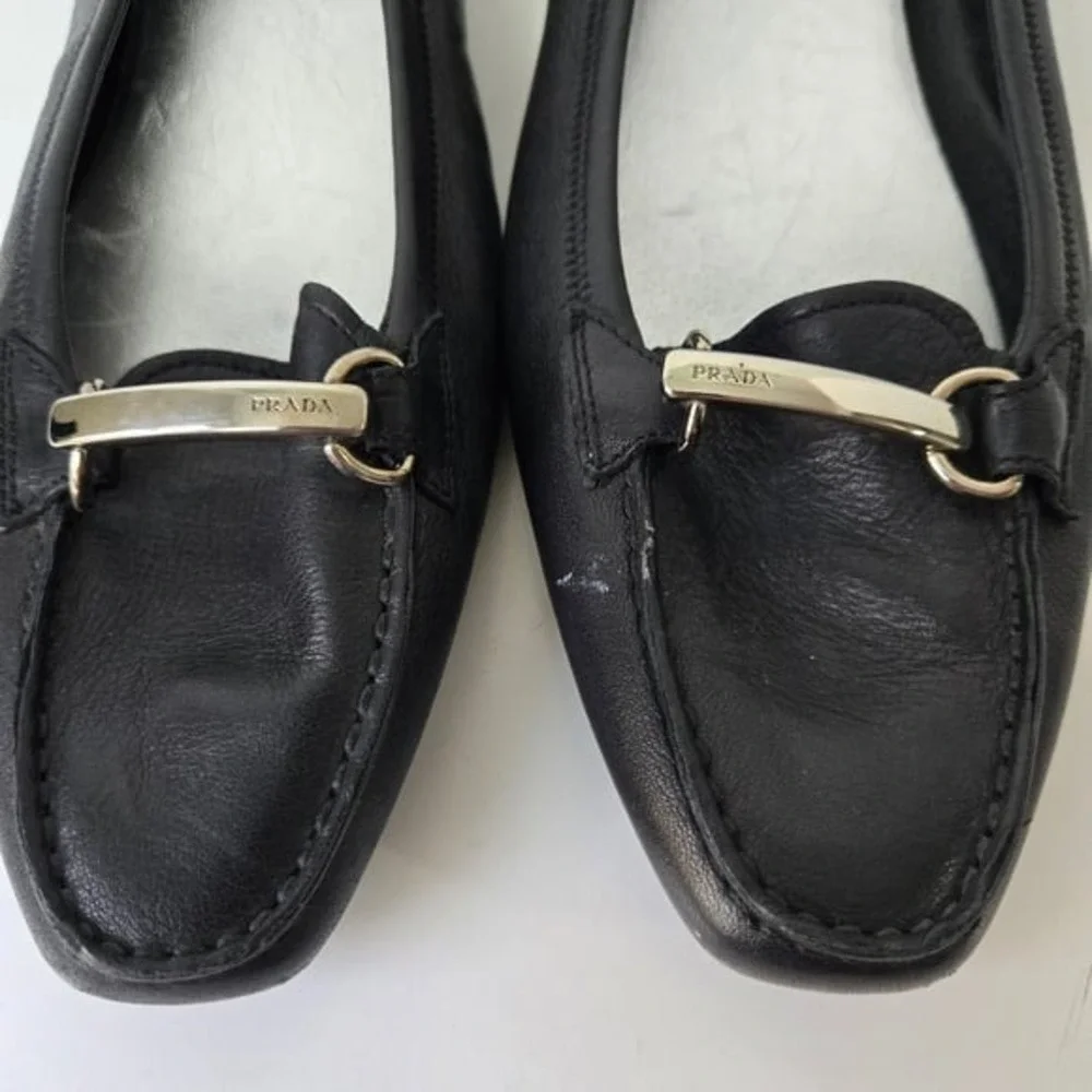 Prada Black Leather Women's‎ Loafers Style #4099 Size 38.5
